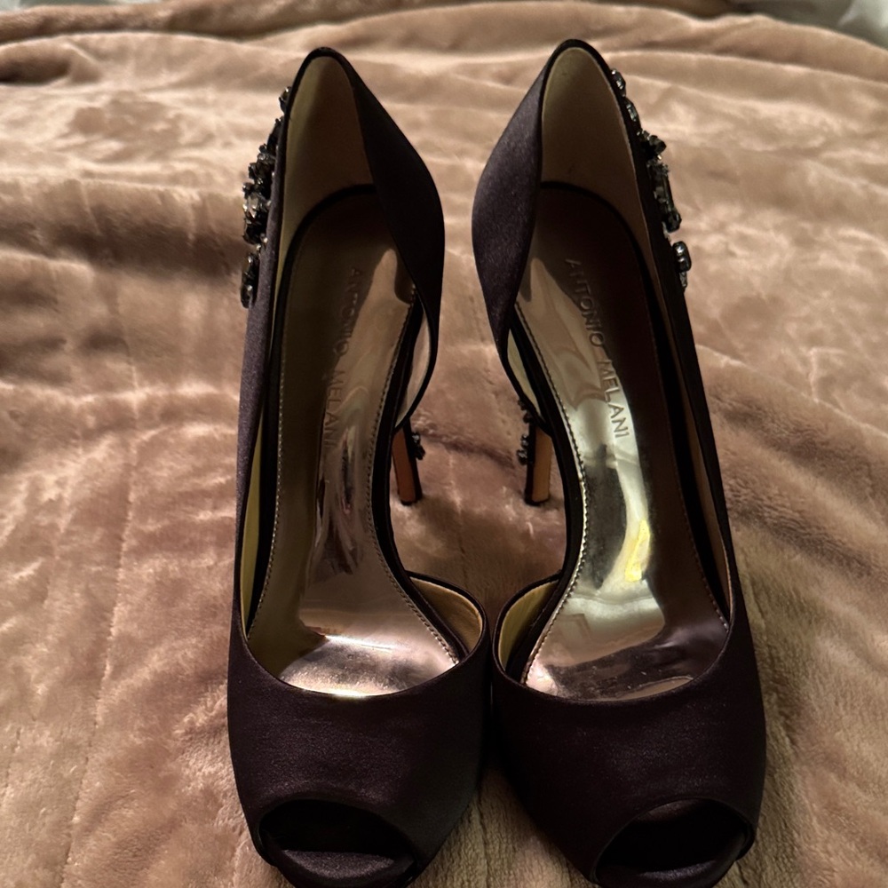 ANTONIO MELANI Black Satin Peep-Toe Heels